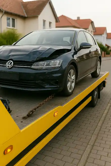 Ein defektes Auto wird in Braunschweig abgeschleppt, um es sicher zum Autoankauf zu bringen.